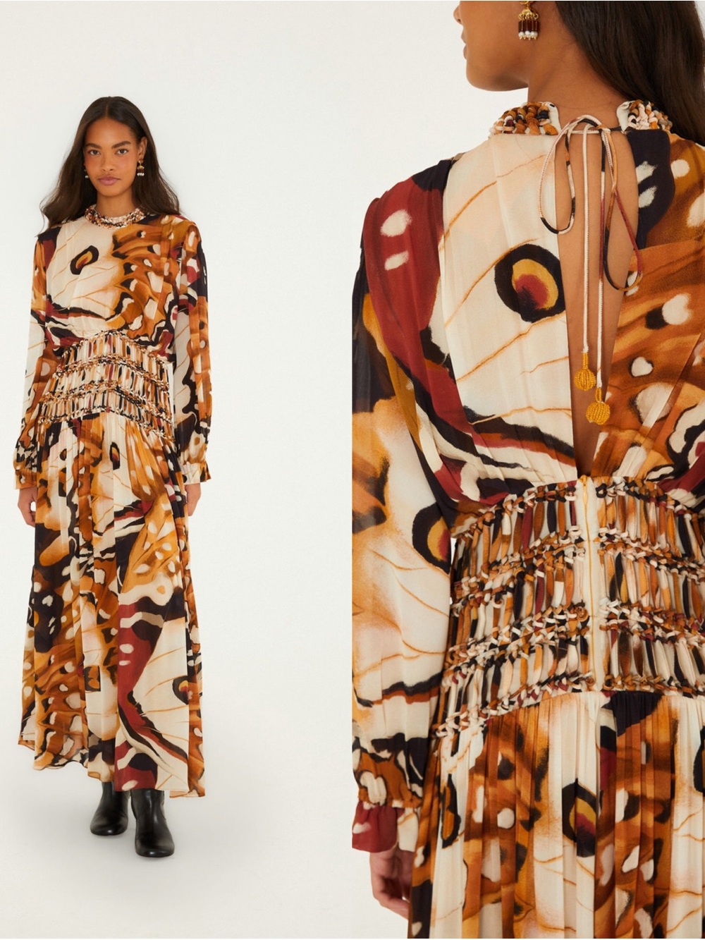 Farm Rio Borbofly Long Sleeve Macrame Print Maxi Dress in Brown and Cream